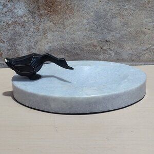 Decorative Marble Soap Dish Jewelry Holder Black Metal Bird Figure